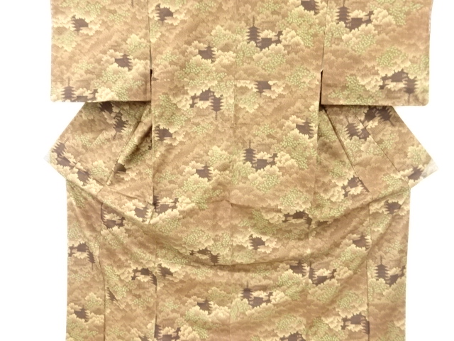 未使用品　寺塔模様織り出し手織り紬着物